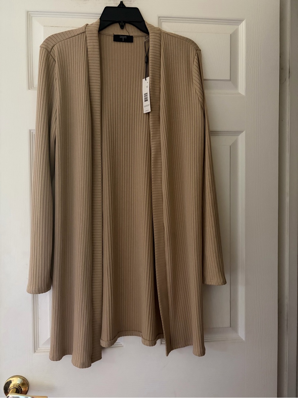 Tahari Ribbed Open-Front Cardigan in Beige